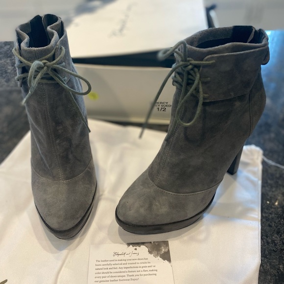 Elizabeth & James Suede Heather grey and black trim high Heel boots lace up  top - Picture 9 of 15